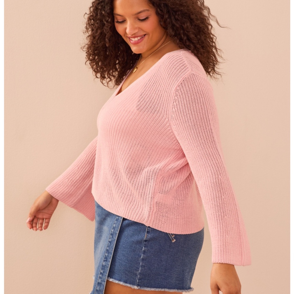 Arula Pink Knit Bell Sleeve Cardigan Sweater 2X V-Neck Cropped Slouchy Coquette - Picture 7 of 9